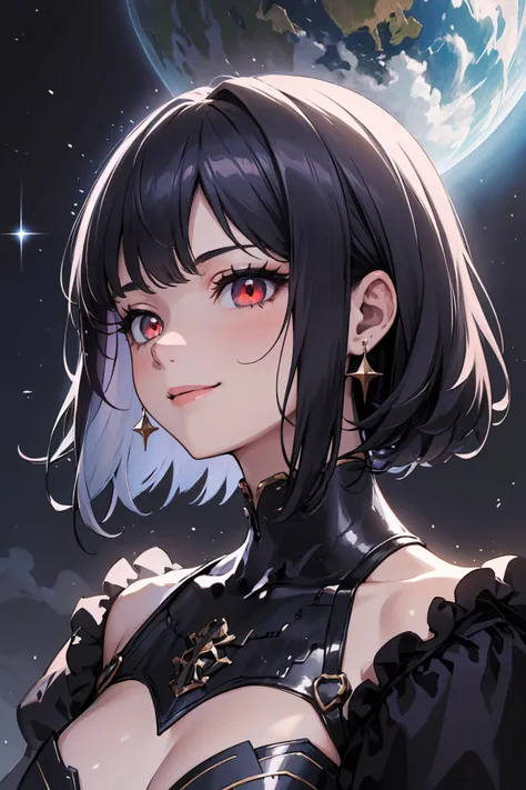 (masterpiece, best quality, absurdres:1.2), 1girl, tall female, mature female, smile, pretty girl, beatiful face, black hair, detailed face, glitter, eye glitter, red eyes, glowing eyes, night sky, night, purple theme, portrait, upper body,