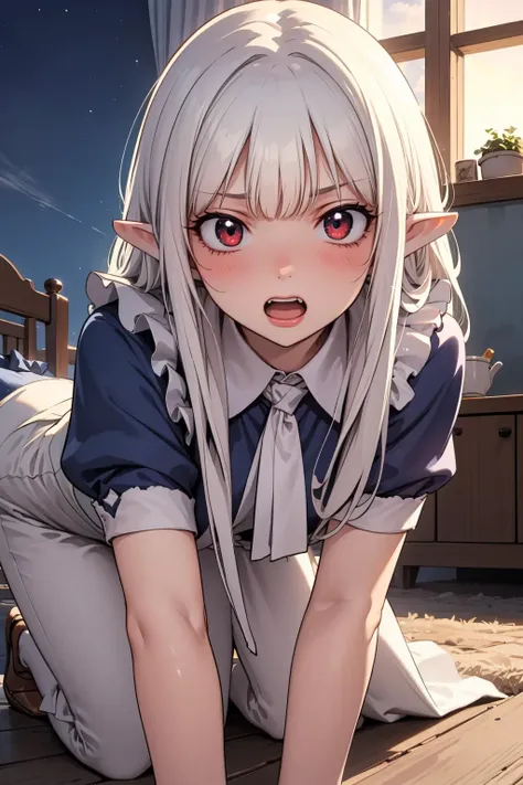 cheong, <lora:cheong-lora-nochekaiser:1>,
cheong, long hair, bangs, (red eyes:1.3), white hair, pointy ears, curly hair, glowing, glowing eyes, ((ahegao, rolling eyes)), blush, 
BREAK  ((maid)), 
BREAK indoors, bedroom, castle, (night sky, night, moon)
BREAK looking at viewer, (cowboy shot:1.5), ((all fours)), 
BREAK (masterpiece:1.2), best quality, high resolution, unity 8k wallpaper, (illustration:0.8), (beautiful detailed eyes:1.6), extremely detailed face, perfect lighting, extremely detailed CG, (perfect hands, perfect anatomy),