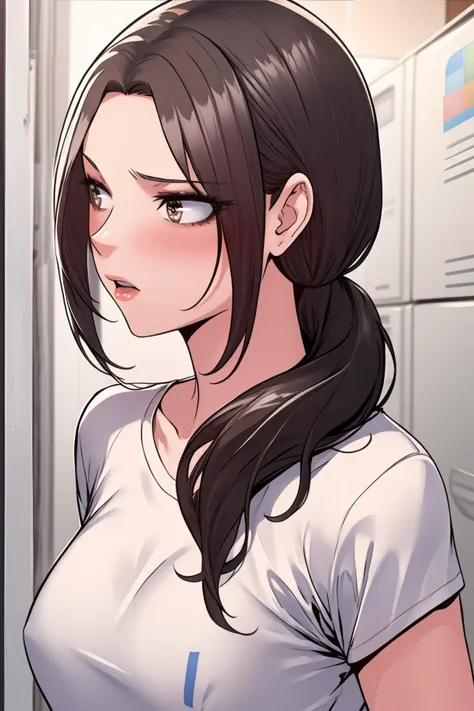 masterpiece, high quality, best quality, <lora:MinahKim:1> MinahKim, 1girl, ponytail, brown eyes, white shirt, shirt tug, upper body, SucSysStyle:1.15