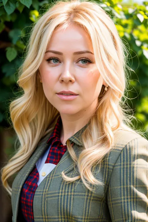 photo of mizulina__x, a woman, (masterpiece), (best quality), (detailed), (8k), (HDR), (wallpaper), (cinematic lighting), (sharp focus), (intricate), (closeup) , looking at viewer, closeup, bokeh, ribbons,, olive plaid skirt, olive jacket, white stockings, short hair, wine tasting room, inside winery, EkaterinaMizulina_v1.0
