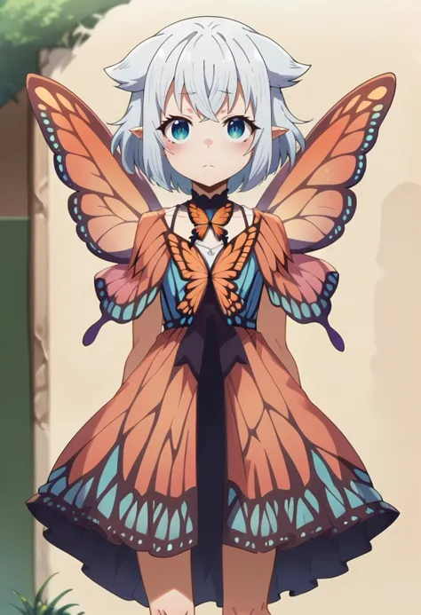 <lora:butterfly_dress-PD-1.0:1>butterfly dress  <lora:Fenrys2in1:1> FenrysXS, 1girl, solo, blush, short_hair, blue_eyes , white_hair, pointy_ears, hair_flaps, flat chest,   wings, looking at viewer, score_9, score_8_up, score_7_up, , anime coloring ,BREAK source_anime, anime