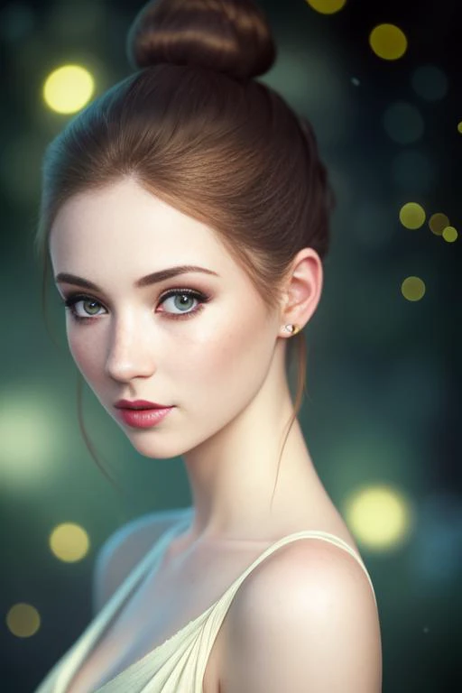 High detail RAW color sensual photo of ( 25yo woman) with perfect face and perfectbright eyes, pale skin and freckles, (cone hair bun) , realistic, highly detailed, harsh lighting, cinematic lighting, art by artgerm and greg rutkowski and alphonse mucha, (performing magic with fireflies, embers swirling around her) hasselblad, 45 degree, hard light, gigapixel