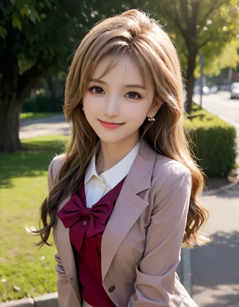 highres,best quality,perfect background,blonde,portrate,adult, 1girl, blush, bow, brown eyes, brown hair, collared shirt, day, dress shirt, earrings, hair between eyes, jacket, jewelry, long hair, looking at viewer, looking to the side, mole, mole on breast, open clothes, open jacket, outdoors, parted lips, red bow, red jacket, shirt, sidelocks, smile, solo, upper body