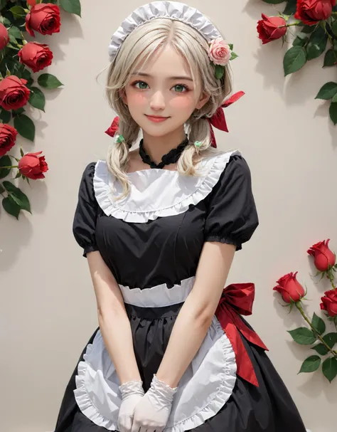 detailed background,girl,zoom up face,, 1girl, apron, black dress, blush, closed eyes, closed mouth, dress, flower, full body, gloves, green eyes, hair flower, hair ornament, hairband, holding, holding flower, leaf, long hair, maid, maid headdress, mole, mole on breast, petals, red flower, red rose, rose, short sleeves, sitting, smile, solo, white apron, white gloves, white hair