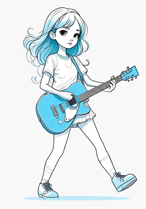 highres,best quality,natural, Illustrator without black main lines, black contour lines, or black line drawings, flat and monochrome illustration, coloring similar to overseas animation, chibi character, full-body illustration, deformed illustration, girl holding a guitar with white and light blue as precious colors, flat illustration, simple, minimalism, white background.