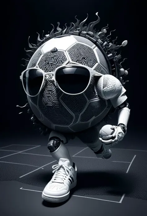 masterpiece,ASCII,8k.absurdes,intricate,maximum resolution, hyper detailed,
a humanized soccer ball with tennis shoes, sunglasses, headphones, very cute,