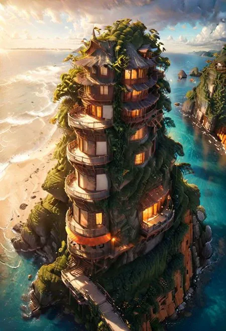 ASCIIA breathtaking, award-winning digital illustration of a cliff building overlooking a pristine sea bay and sandy beach. A solitary palm tree stands tall, swaying gently in the ocean breeze. The sun sets majestically, casting an orange and golden glow across the sky. Fluffy clouds drift by, adding depth and dimension to the scene. The intricate details of the cliffbuilding , the high-quality textures, and the detailed shadows create a cinematic effect. The light source contrast and perspective give the image a sense of depth and a three-dimensional quality. This ultra-detailed, highly detailed CG illustration evokes the essence of the 1920s while maintaining a timeless, expressionless beauty.