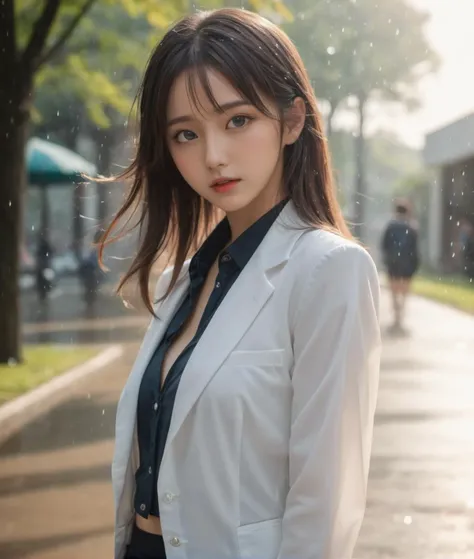 TWbabeXL01, a photo of a college girl in her tailored uniform, raining and sunny at the same time, her clothes are all wet, underwear, water drops, rain drops, Kpop idol, dynamic poses, 1girl, floating hairs, (RAW photo:1.2), (photorealistic:1.4), (masterpiece:1.3), (intricate details:1.2), petite, small breasts, narrow waist, (looking_at_viewer:1.4), from_front, slim_legs, (best quality:1.4), (ultra highres:1.2), cinema light, outdoors, (extreme detailed illustration), (lipgloss, eyelashes, best quality, ultra highres, depth of field, caustics, Broad lighting, shading, 85mm, f/1.4, ISO 200, 1/160s:0.75) <lora:TWbabeXL01:0.8>