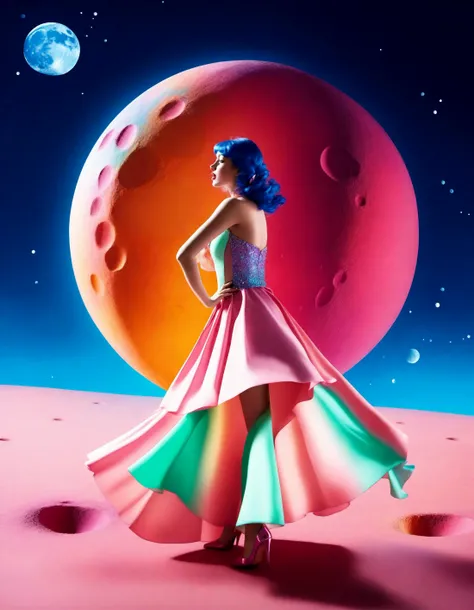 cinematic photograph of a vibrant (candy girl:1.3) dancing on the pale side of the moon