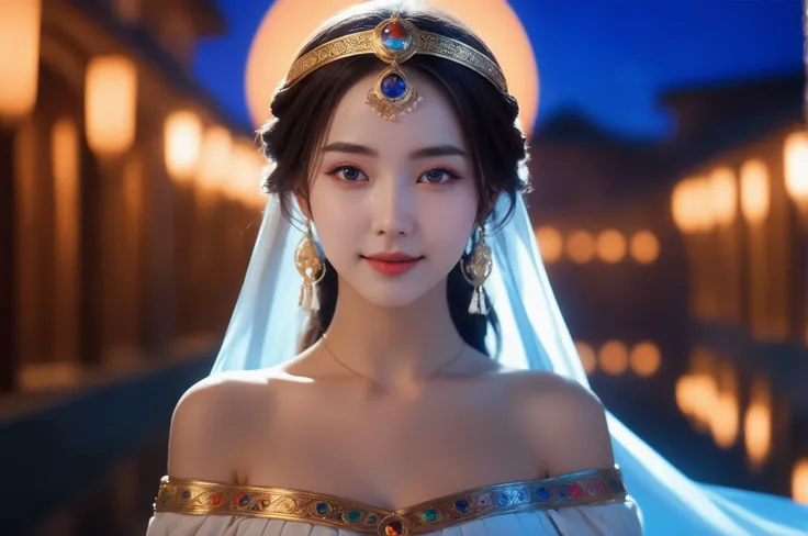 (bare shoulders:0.85), (1girl,full body:1.6), solo, Glowing ambiance, enchanting radiance, luminous lighting, ethereal atmosphere, mesmerizing glow, evocative hues, captivating coloration, dramatic lighting, enchanting aura, outdoor,landscape background,masterpiece, top quality, best quality, official art, beautiful and aesthetic, extreme detailed, With a face-covering veil,Cosplay Cleopatra,colorful,highest detailed,sexy, tender smile