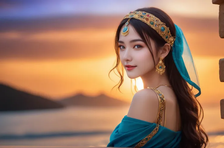(bare shoulders:0.85), (1girl,full body:1.6), solo, Glowing ambiance, enchanting radiance, luminous lighting, ethereal atmosphere, mesmerizing glow, evocative hues, captivating coloration, dramatic lighting, enchanting aura, outdoor,landscape background,masterpiece, top quality, best quality, official art, beautiful and aesthetic, extreme detailed, With a face-covering veil,Cosplay Cleopatra,colorful,highest detailed,sexy, tender smile