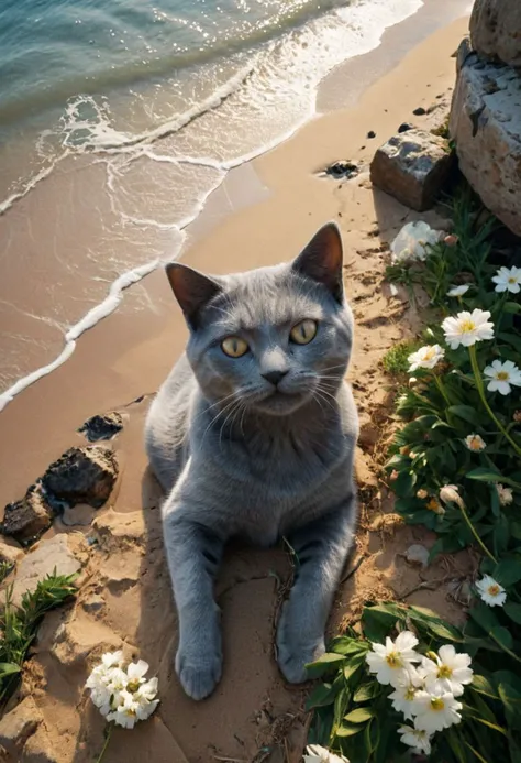 (Soft Lighting Photography by Mimoza Veliu and Mario Giacomelli:1.2), award-winning photography, photo of a cat and a badly damaged huge head of an Ancient Greek sculpture, Colossus of Rhodes, in a beautiful beach, Cats running around:1.5, (broken status, spare parts scattered nearby.) Grass and flowers grow around it. Sunny summer day. ocean. Calm and beautiful. Detailed art, many details, cute, adorable, fairytale, storybook detailed illustration, cinematic, ultra highly detailed, beautiful details, vibrant colors, complex background, fine art, best quality, hyper detailed, professional poster art, bold lines, award winning, trending on ArtStation , (intricate details, masterpiece, best quality:1.4), aesthetic and beauty, astounding details, high depth of field, f/4, framing, breakthrough, collodion process, soft particles, ageless atmosphere, (maroon and marigold colors:0.1),dark, chiaroscuro, low-key,