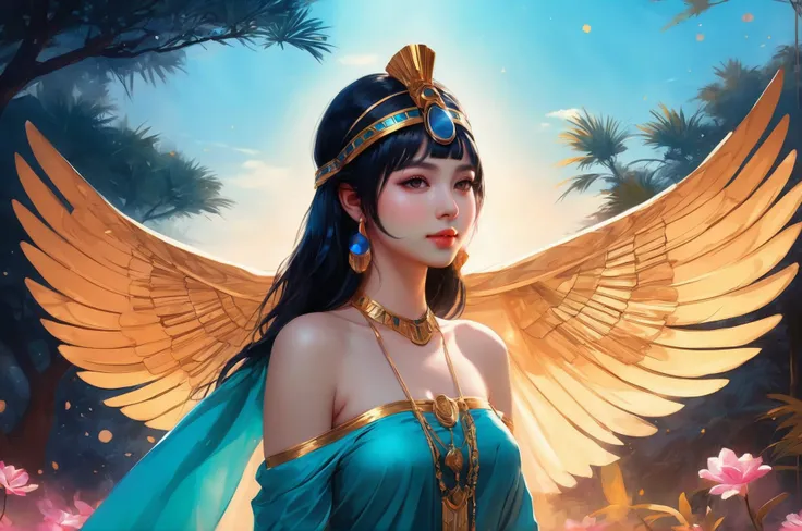(bare shoulders:0.85), (1girl,full body:1.4), solo, Glowing ambiance, enchanting radiance, luminous lighting, ethereal atmosphere, mesmerizing glow, evocative hues, captivating coloration, dramatic lighting, enchanting aura, outdoor,landscape background, ink painting, masterpiece, top quality, best quality, official art, beautiful and aesthetic, extreme detailed, With a face-covering veil,Cosplay Cleopatra,colorful,highest detailed,sexy, tender smile