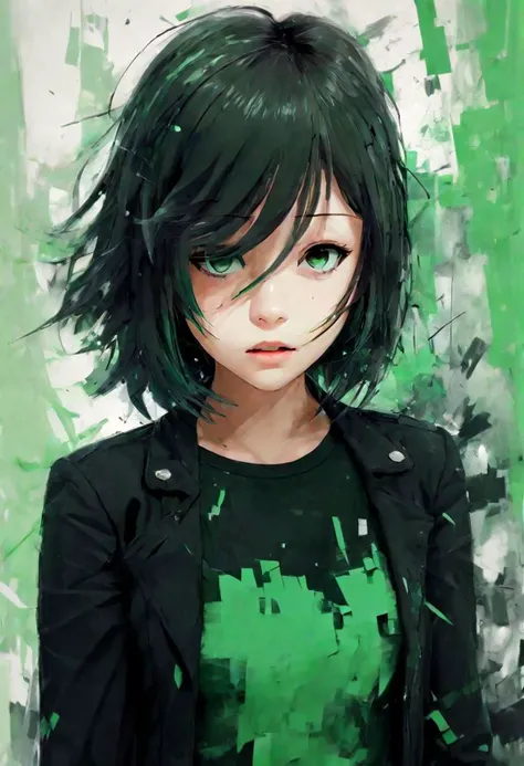 abstract portrait of 1girl,fragmented visual style,green and black color palette,evokes feelings of loss, fading away, parts of body flaking away,passion,and freedom,blurred boundaries,scared, eyes wide,worried, <lora:Maya_Makinami:1>, afraid, short hair, disappearing,