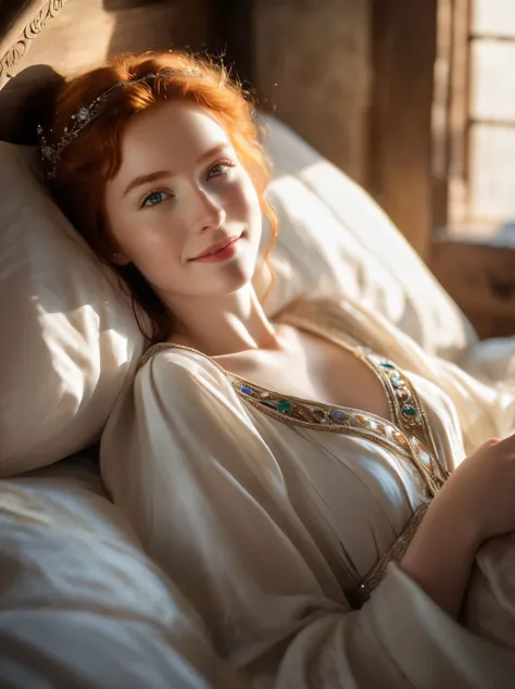 medieval, (masterpiece, best quality, looking at viewer, high resolution), 1 irish petite girl, no makeup, bed sheet, messy ginger hair, celestial,  cute smile, blushing, sparkling light eyes, delicate face,  ambient lighting, eerie, sleep, shiny skin, jewelry, intricate details, <lora:add-detail-xl:0.8> sun rays,sidelighting, hdr,
