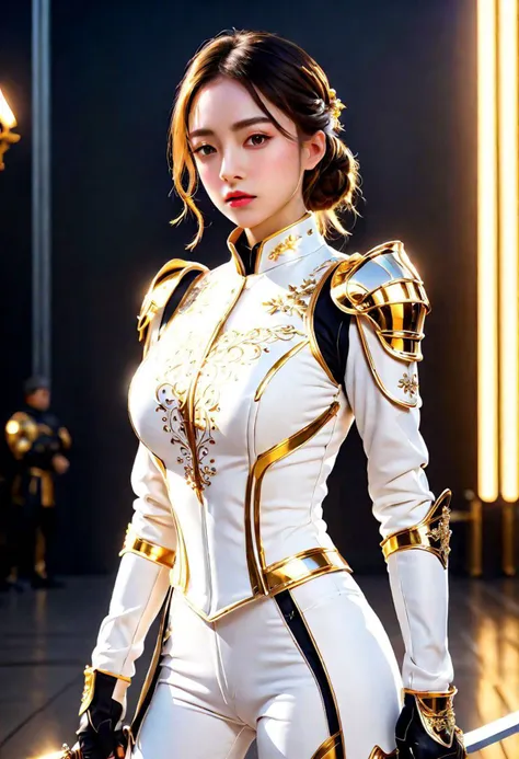 illustration futuristic beautiful a female Monet style wore fencing suit outfits with sword, full body, with golden adorning, intricately sculpted and delicate, white and gold, dynamic pose, upper body ,high octane, 4k render ,futuristic fencing field background .,photo realistic , cinematic light , ultra sharp ,8K