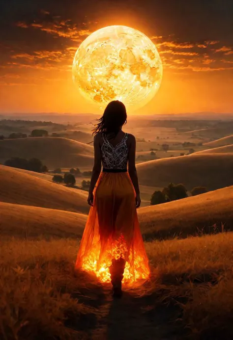 high quality, masterpiece, extreme detail, highly detailed landscape, best quality,
gigantic sun on fire surrounded by circular clouds, dawn, the last (sunrise:1.2) illuminating a shaded valley, plains, field, black, white, golden, black fog, focus on sky,1girl, full body