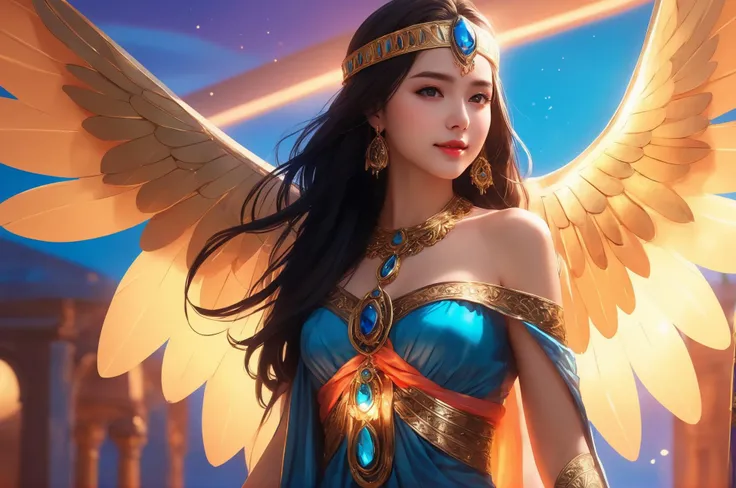 (bare shoulders:0.85), (1girl,full body:1.6), solo, Glowing ambiance, enchanting radiance, luminous lighting, ethereal atmosphere, mesmerizing glow, evocative hues, captivating coloration, dramatic lighting, enchanting aura, outdoor,landscape background,masterpiece, top quality, best quality, official art, beautiful and aesthetic, extreme detailed, With a face-covering veil,Cosplay Cleopatra,colorful,highest detailed,sexy, tender smile