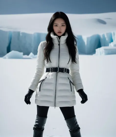 TWbabeXL01, black hair, Shooting a film in the icy wilderness of Antarctica presents a unique and challenging endeavor. The supermodel, dressed in high fashion that juxtaposes the stark surroundings, becomes a striking focal point amidst the vast, frozen expanse. The desolation and harsh climate of Antarctica add a sense of isolation and vulnerability, creating an eerie and mysterious atmosphere. The ever-shifting polar conditions introduce unpredictable lighting, from the soft, muted hues of the perpetual twilight to the stark brilliance of the reflecting ice. The film captures the supermodel's presence in this unforgiving environment, where nature's extremes and high fashion meet, resulting in a visually compelling narrative that evokes a profound sense of wonder and isolation, TWbabeXL01, dynamic poses, 1girl, floating hairs, (RAW photo:1.2), (photorealistic:1.4), (masterpiece:1.3), (intricate details:1.2), petite, medium breasts, narrow waist, (looking_at_viewer:1.4), from_front, slim_legs, (best quality:1.4), (ultra highres:1.2), cinema light, outdoors, (extreme detailed illustration), (lipgloss, eyelashes, best quality, ultra highres, depth of field, caustics, Broad lighting, shading, 85mm, f/1.4, ISO 200, 1/160s:0.75) <lora:TWbabeXL01:0.8>