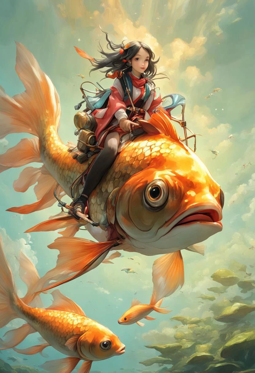 super vista, super wide Angle
goldfish1girl a girl riding on a large goldfish,  <lora:~Q?-Y'| goldfish:0.8>