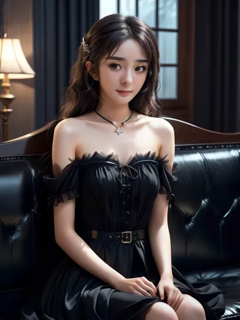 realistic, a cute anime girl sits on a couch in a black dress, in the style of 8k, subtle pastel tones, shiny/glossy, dark brown and white, catcore, eerily realistic, i can't believe how beautiful this is ,wani wani panic,startrail, ultra realistic detailed,aesthetic,best quality,(photorealistic:1.2),dynamic angle,elegant,realistic skin detail , strap_slip, bare_shoulders, off_shoulder, <lora:damimi_SDXL_1_:1.2> damimi, <lora:DetailedEyes_V3:0.8>, <lora:SDXLAngelic:0.8> AngelicStyle, <lora:Shimonada_Station_SDXL_V1:1> shimonadaeki1