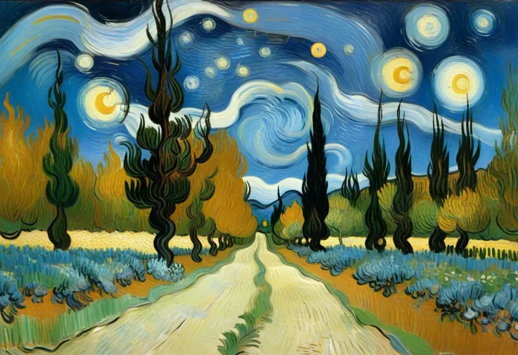 style-nebmagic, a digital landscape, on a path way, narrow tree line, in a forest, at night, [cloudy:planets on the sky:0.3], by Vincent Van Gogh, best quality