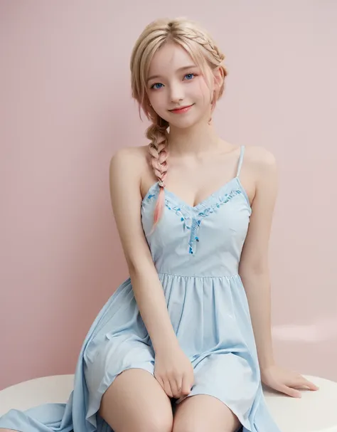 blonde girl, 1girl, bare shoulders, blue eyes, braid, breasts, closed mouth, collarbone, dress, expressionless, full body, hair ornament, hairclip, long hair, looking at viewer, pink hair, simple background, sitting, sleeveless, sleeveless dress, smile, solo, tail, wariza, white background, white dress