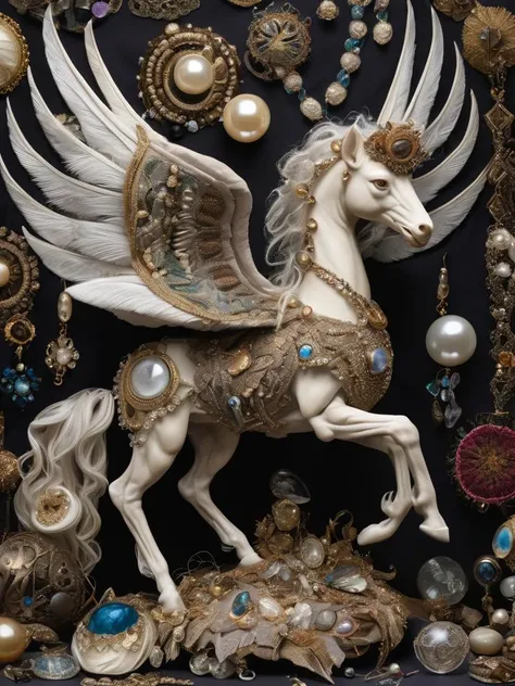 (Ultra realistic, intricate, Ultra high resolution), (Amazing close view of a Peryton made of many fabrics and materials, assemblage:1.5), (in The Nexus of Eternity:1.3), (many different textures, materials, cloth, jewels, glass, pearls:1.5), (Ultra realistic, High quality, Highly detailed, Sharp focus, 8K UHD, masterpiece art, contest winner)