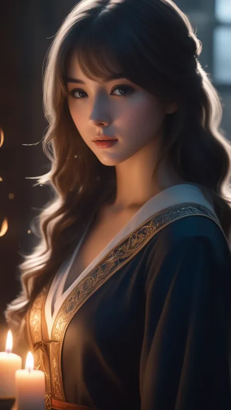 Cinematic perfect shot. Portrait of Anime girl in action in Hogwarts style. Extreme details, volumetric lighting, cinematic scene, full focus, 16k, UHD, HDR, Intricate textures, Ethereal glow, Dynamic composition, Play of shadows, Hyper-realistic clarity, Enveloping ambiance, Whimsical perspective, Pristine reflections, Depth-defying, depth of field, Meticulously curated colors, Textural contrast, Immersive panorama, Timeless elegance, Radiant highlights, Whispering silhouettes, Subtle gradations, Atmospheric gradients, Sculpted forms, Prismatic refractions, Enigmatic chiaroscuro.