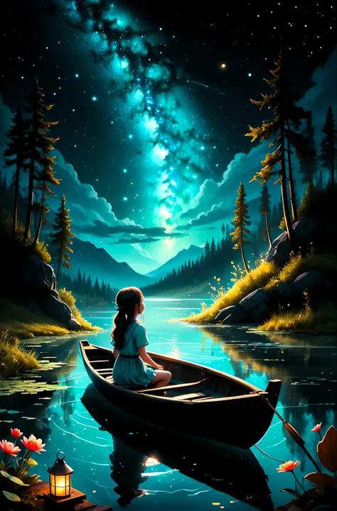Hand drawing with pastel watercolors of a girl sitting in a small wooden boat fishes for stars in a turquoise lake as if they were dreams she would be pleased to capture.
Bioluminescent stardust spreads from the girl head up into the black night sky.
The stars in the lake and on the fishing rod are the only source of low luminetric ligths in this scene besides the stardust.
<lora:add-detail-xl:0.60>, <lora:xl_more_art-full_v1:0.40>, <lora:wowifierXL:0.50> art by mooncryptowow, <lora:LineAniRedmondV2-Lineart-LineAniAF:0.8> lineart, LineAniAF, <lora:caogao:0.8> sketch