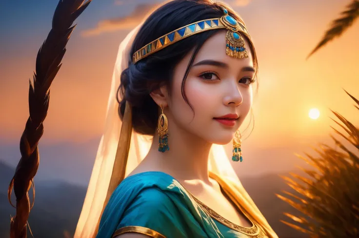 (bare shoulders:0.85), (1girl,full body:1.6), solo, Glowing ambiance, enchanting radiance, luminous lighting, ethereal atmosphere, mesmerizing glow, evocative hues, captivating coloration, dramatic lighting, enchanting aura, outdoor,landscape background,masterpiece, top quality, best quality, official art, beautiful and aesthetic, extreme detailed, With a face-covering veil,Cosplay Cleopatra,colorful,highest detailed,sexy, tender smile