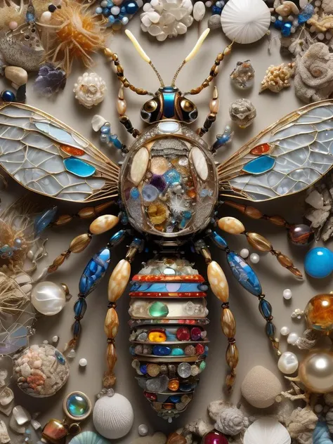 (Ultra realistic, intricate, Ultra high resolution), (Amazing close view of a Swarmkeeper made of patchwork of different textures, fabrics and materials, assemblage:1.5), (A Starlit Beach:1.25), (many different textures, materials, jewels, glass, pearls), (Ultra realistic, High quality, Highly detailed, Sharp focus, 8K UHD, masterpiece art, contest winner)