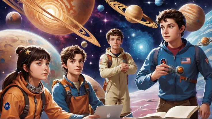 [(star-eyed friends (((16-year-old cosmic explorers))) guided by celestial algorithms], [unraveling universe mysteries]:1.1) (human wonder aligns with computational revelations, illuminating the secrets of life space and time:1.3)