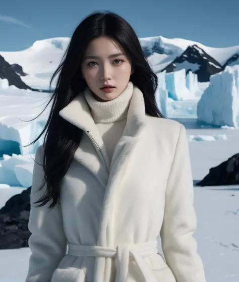 TWbabeXL01, black hair, Korean mix, Shooting a film in the icy wilderness of Antarctica presents a unique and challenging endeavor. The supermodel, dressed in high fashion that juxtaposes the stark surroundings, becomes a striking focal point amidst the vast, frozen expanse. The desolation and harsh climate of Antarctica add a sense of isolation and vulnerability, creating an eerie and mysterious atmosphere. The ever-shifting polar conditions introduce unpredictable lighting, from the soft, muted hues of the perpetual twilight to the stark brilliance of the reflecting ice. The film captures the supermodel's presence in this unforgiving environment, where nature's extremes and high fashion meet, resulting in a visually compelling narrative that evokes a profound sense of wonder and isolation.., TWbabeXL01, dynamic poses, 1girl, floating hairs, (RAW photo:1.2), (photorealistic:1.4), (masterpiece:1.3), (intricate details:1.2), petite, medium breasts, narrow waist, (looking_at_viewer:1.4), from_front, slim_legs, (best quality:1.4), (ultra highres:1.2), cinema light, outdoors, (extreme detailed illustration), (lipgloss, eyelashes, best quality, ultra highres, depth of field, caustics, Broad lighting, shading, 85mm, f/1.4, ISO 200, 1/160s:0.75) <lora:TWbabeXL01:0.8>