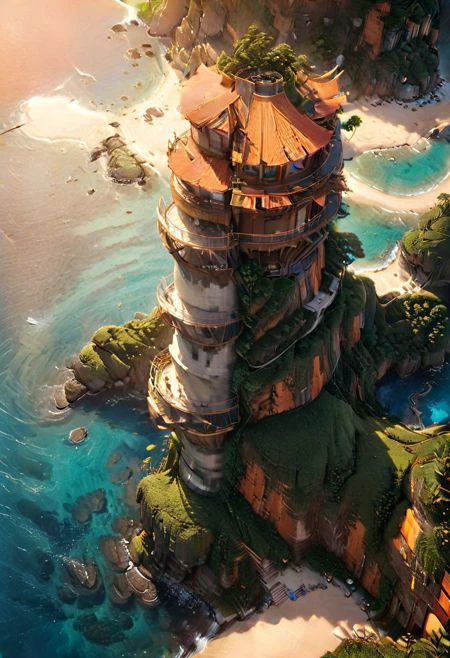 ASCIIA breathtaking, award-winning digital illustration of a cliff building overlooking a pristine sea bay and sandy beach. A solitary palm tree stands tall, swaying gently in the ocean breeze. The sun sets majestically, casting an orange and golden glow across the sky. Fluffy clouds drift by, adding depth and dimension to the scene. The intricate details of the cliffbuilding , the high-quality textures, and the detailed shadows create a cinematic effect. The light source contrast and perspective give the image a sense of depth and a three-dimensional quality. This ultra-detailed, highly detailed CG illustration evokes the essence of the 1920s while maintaining a timeless, expressionless beauty.