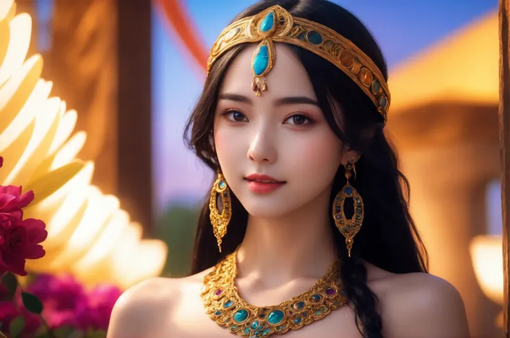 (bare shoulders:0.85), (1girl,full body:1.6), solo, Glowing ambiance, enchanting radiance, luminous lighting, ethereal atmosphere, mesmerizing glow, evocative hues, captivating coloration, dramatic lighting, enchanting aura, outdoor,landscape background,masterpiece, top quality, best quality, official art, beautiful and aesthetic, extreme detailed, With a face-covering veil,Cosplay Cleopatra,colorful,highest detailed,sexy, tender smile