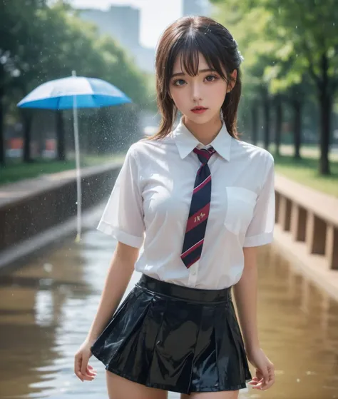 ((High school girl walking in a park by the lake))、((Wet translucent white blouse、red bowtie、Dark blue checked skirt)). 40k, Photography, masutepiece, Best Quality, dark grey background, ((1 Girl with beautiful eyes brown light wet short hair, . White skin, Poses variadas.((breasts of medium size,:1.1)), Best Quality, masutepiece, Ultra high definition, (Photorealistic:1.4), Raw photo, (perfect body type), (slim:1.3), Slim abdomen, Perfect slim figure, dynamicposes, (((Full-figured :0.9))), Solo, Cold Light 12000K, Highly detailed facial and skin texture, Detailed eyes, Realistic eyes, Beautiful detailed eyes, (Realistic skin), Attractive, 超A high resolution, A hyper-realistic, Highly detailed,((she is soaking wet)),