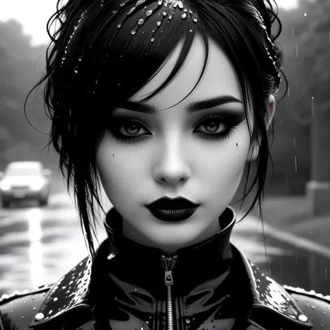 emo gothgirl with rain on her face black and white, melting dark make-up, in the style of daz3d, darkly romantic realism, flickr, serene faces, close up, i can't believe how beautiful this is