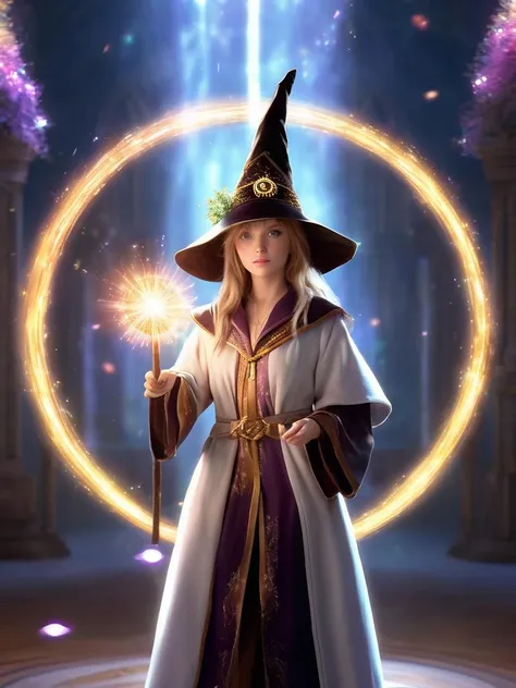 photoreal,highres,best quality,
anime, 1girl, solo, wizard hat, robe, holding staff, on magic circle, sparkles, light particles, crystal, prism, glowing light