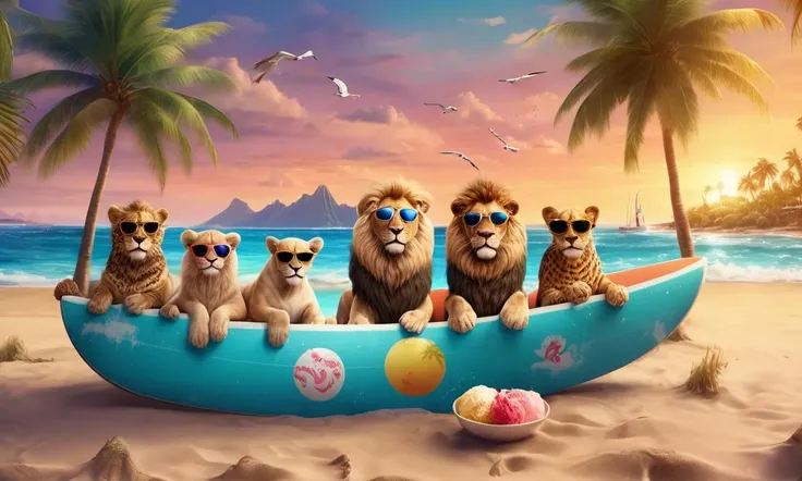 highres,best quality,iridescent color,wani wani panic,grand background,
Lions in Hawaiian shirts and sunglasses are relaxing on the beach, surfing, diving, playing sandcastles and volleyball, enjoying ice cream and cocktails. The background is a tropical island with palm trees, seagulls and a sunset.