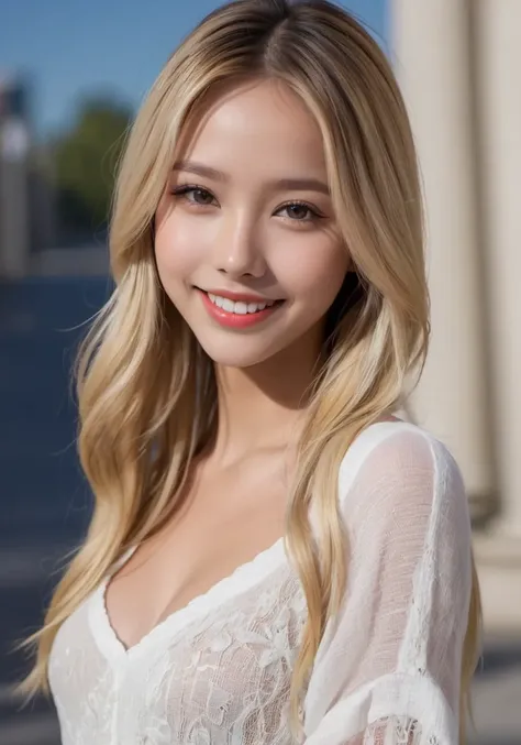 highres,best quality,photo,natural,
long straight blonde cute girl  is Sexy smile,bustshot,
American beauty