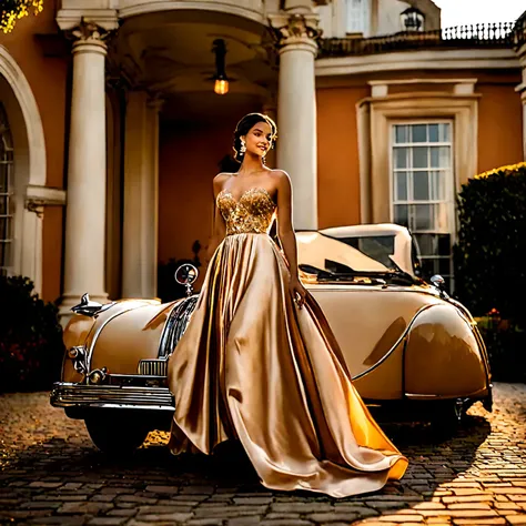 photo of a young woman in a flowing, elegant gown, stepping out of a luxurious vintage car in front of a stately mansion, with a regal and confident expression on her face. The setting sun casts a warm glow on the scene, adding to the sense of grandeur and elegance