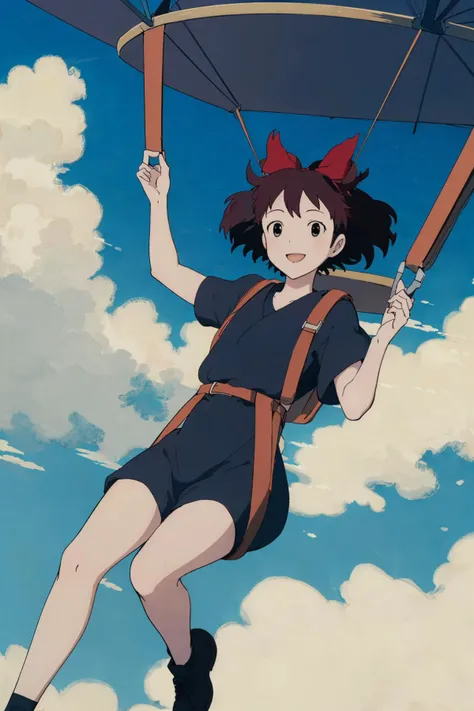 masterpiece, best quality, highres, absurdres, best quality, 1girl, <lora:parachutesky:1>. parachutesky, sky, (clouds:1.1), smile, <lora:kiki_v1:0.9>, (kiki:1.2), (red hair bow), black robe, harness, suspended, flying