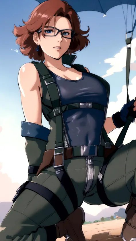 <lora:meryl-nvwls-v1-final:0.8> meryl, black tank top, belt, green pants, fingerless gloves, boots, bullet earring, BREAK, <lora:parachutesky:0.8> (parachutesky:1.25), (parachute:1.25), masterpiece, best quality, extremely detailed, highly quality, 4k, sharp focus, professional, sharp focus, award winning, cinematic lighting, octane render, unreal engine, volumetrics dtx, Wallpaper,