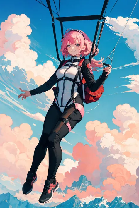 masterpiece, best quality, highres, absurdres, best quality, 1girl, <lora:parachutesky:1>. parachutesky, sky, (clouds:1.15), harness, smile, suspended, full body, from away, rope, aircraft, bodysuit, pink hair, flying hair,