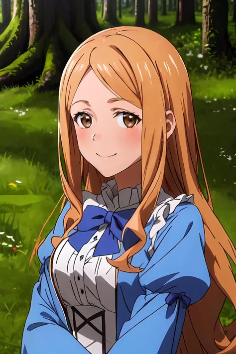 (masterpiece, best quality:1.2), highres, anime screencap, anime coloring, 1girl, solo, smile, 
LaurenL, blond hair, long hair, parted bangs, brown eyes, 
blue dress, frilled dress, puffy sleeves, wide sleeves, long sleeves, blue bowtie
standing, 
outdoors, forest, tree, sunlight, day, looking at viewer, upper body, portrait, 
<lora:add_detail_CyberAlchemist:0.4>, <lora:GoodHands-beta2:0.8>, <lora:LaurenL-000008:0.9>