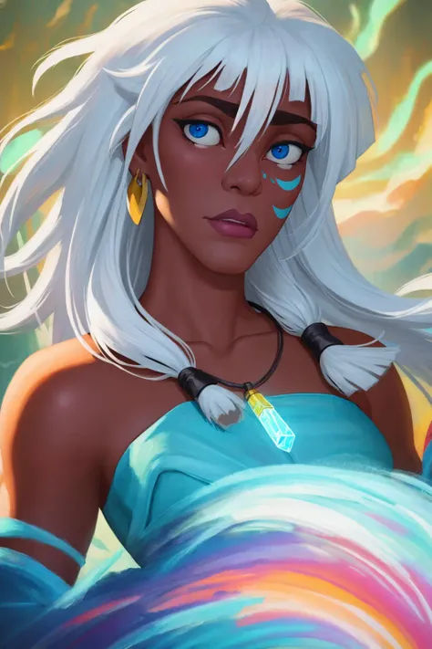 masterpiece, best quality, highres, highest quality, absurdres, kidagakash, (dark skin:1.3), long white hair, facial mark, necklace, traditional media, (painting \(medium\)), sharp expressive eyes, perfect face, wide hips, thick lineart, atmospheric lighting, smooth, beautifully detailed riverbank background, cinematic composition, Joe Madureira <lora:Kidagakash:1>