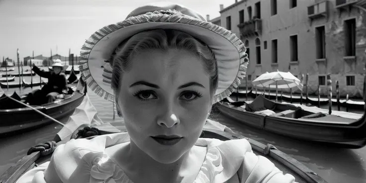 <lyco:Joan Fontaine-v1.0:1> portrait of beautiful Joan Fontaine, in a boat in venice, realistic, film grain, sharp, bokeh, uhd, movie screenshot, side view