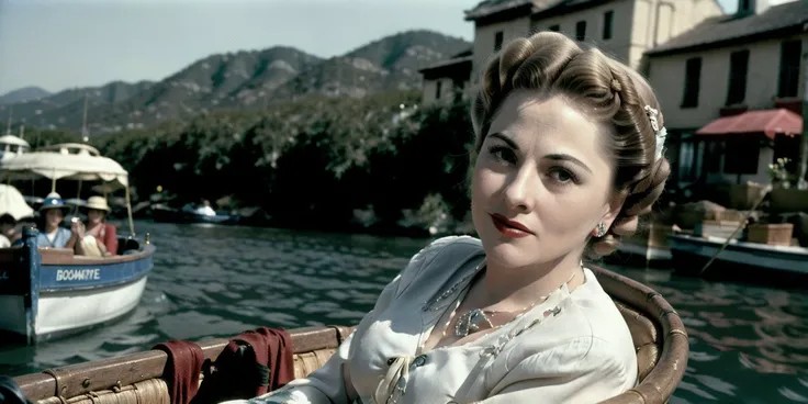<lyco:Joan Fontaine-v1.0:1> portrait of beautiful Joan Fontaine, sitting ina row boat, realistic, film grain, sharp, bokeh, uhd, movie screenshot, side view