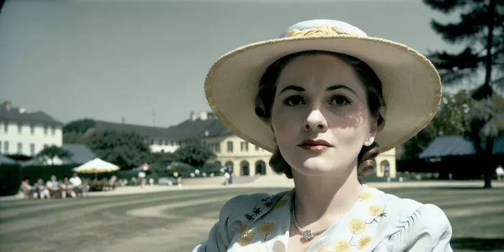 <lyco:Joan Fontaine-v1.0:1> portrait of beautiful Joan Fontaine, wearing a large hat and a yellow dress, sitting in park, realistic, film grain, sharp, bokeh, uhd, movie screenshot, side view